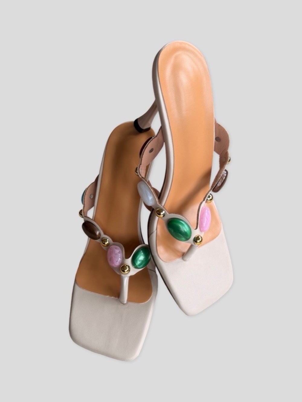 Women’s Cream Sandals with Multicolor Gem Accents